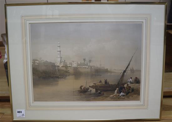 Haghe after David Roberts, original coloured lithograph, A View on The Nile, Ferry to Gizeh, published 1849,